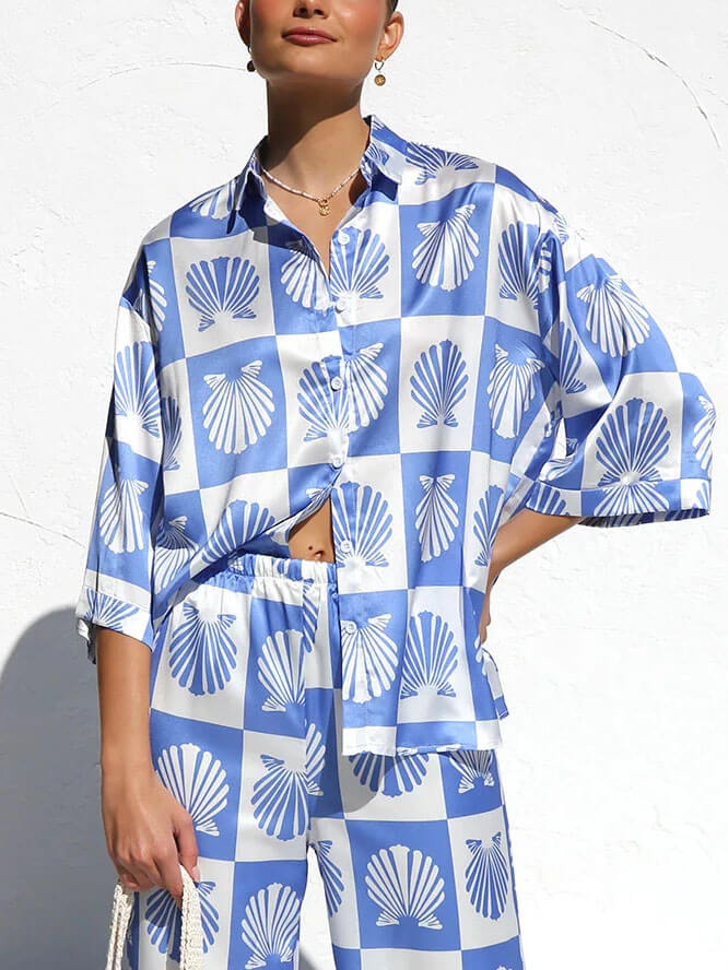 Sonicelife-Special Satin Shell Print Button-Down Shirt