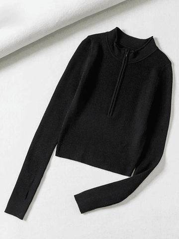 Back To School Sonicelife Quarter Zip Crop Rib Knit Sweater