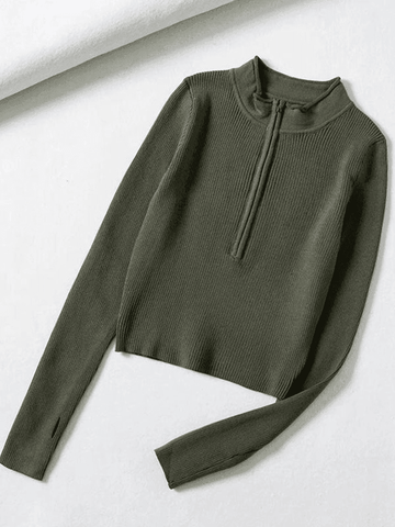 Back To School Sonicelife Quarter Zip Crop Rib Knit Sweater