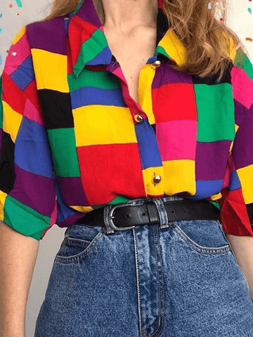 Sonicelife Rainbow Checkered Button Down Blouse