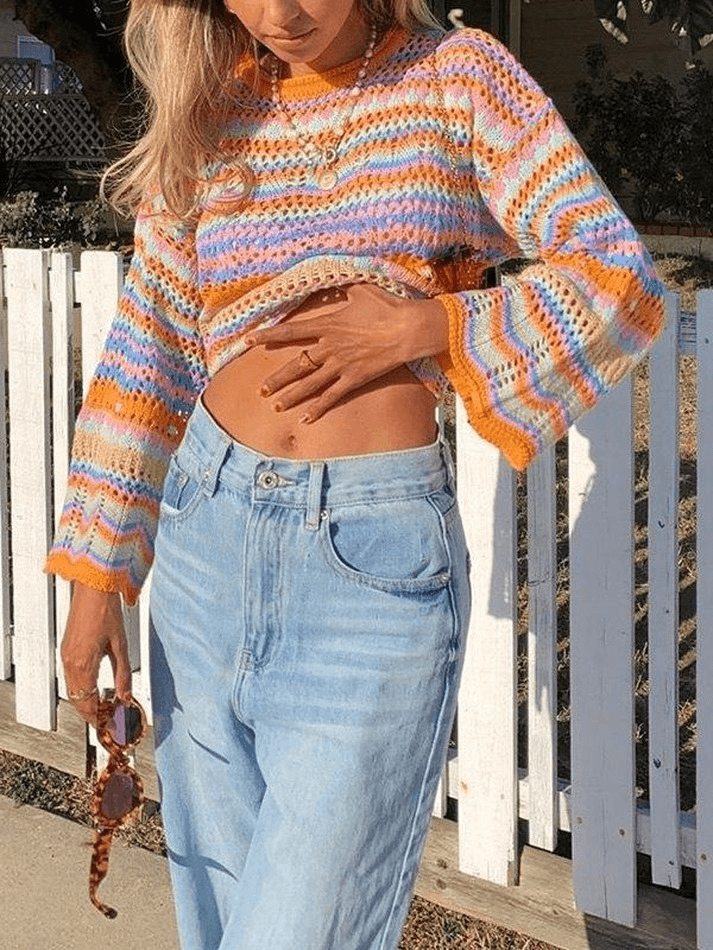 Sonicelife Rainbow Stripe Crochet Knit Sweater