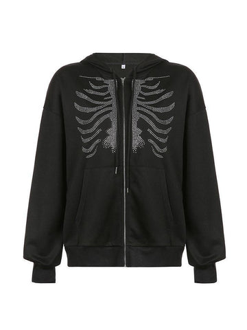 Back To School Sonicelife Rhinestone Skull Zipper Hoodie