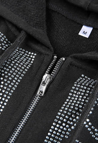 Back To School Sonicelife Rhinestone Skull Zipper Hoodie