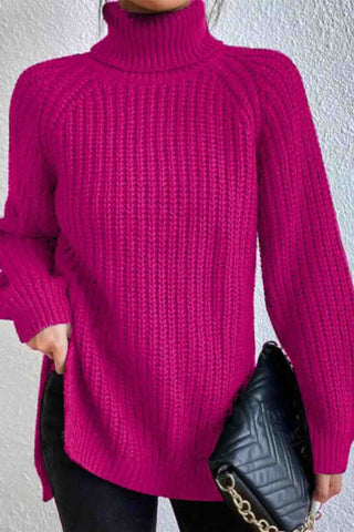 Sonicelife Raglan Sleeve Turtleneck Slit Mid-Length Sweater