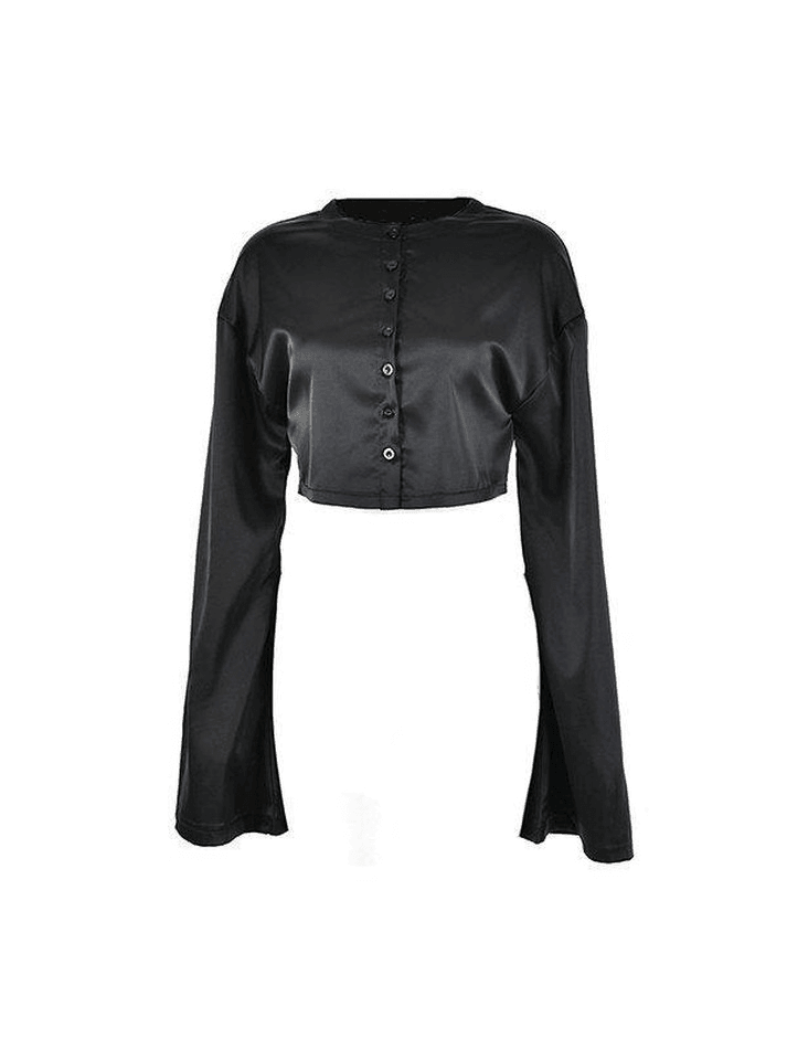 Sonicelife Satin Long Sleeve Buttoned Crop Blouse