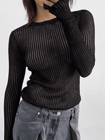 Back To School Sonicelife See Through Long Sleeve Ribbed Knit Top