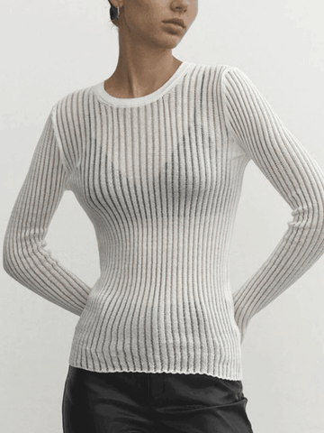 Back To School Sonicelife See Through Long Sleeve Ribbed Knit Top