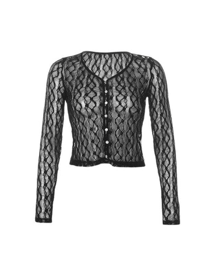 Sonicelife Sheer Lace Long Sleeve Crop Blouse