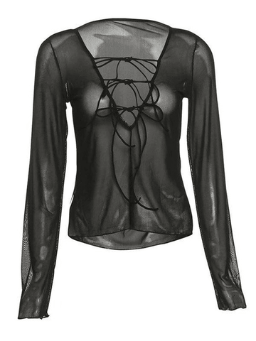 Sonicelife Sheer Mesh Lace Up Blouse