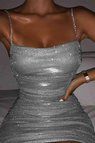 Sonicelife hoco dresses Rhinestone Ruched Chain Cami Dress