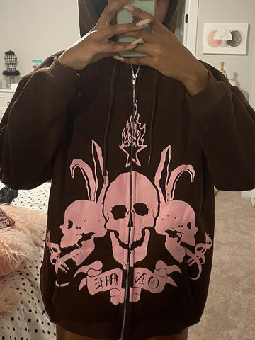 Back To School Sonicelife Skeleton Graphic Zip-Up Oversized Hoodie