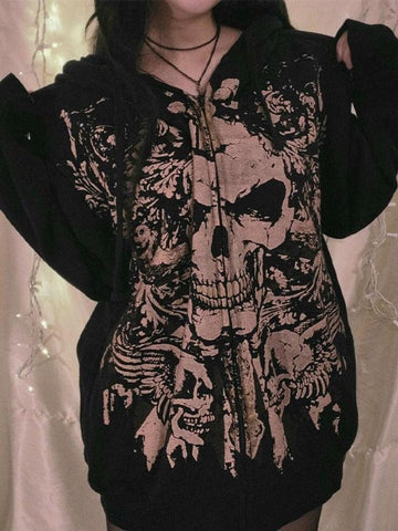 Back To School Sonicelife Skull Print Zip Up Oversized Hoodie