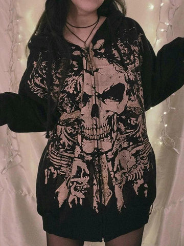 Back To School Sonicelife Skull Print Zip Up Oversized Hoodie