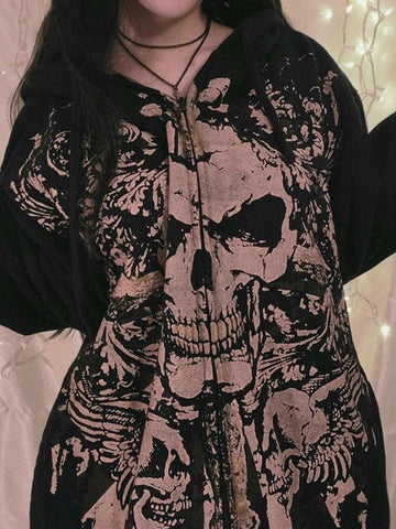 Back To School Sonicelife Skull Print Zip Up Oversized Hoodie