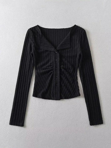 Sonicelife Solid Color Lapel Neck Ruched Breasted Long Sleeve Knit