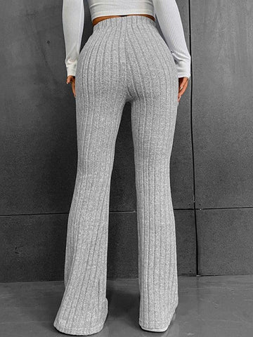 Sonicelife Solid Color Ribbed High Waist Flare Leg Pants