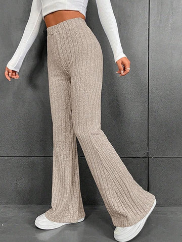 Sonicelife Solid Color Ribbed High Waist Flare Leg Pants