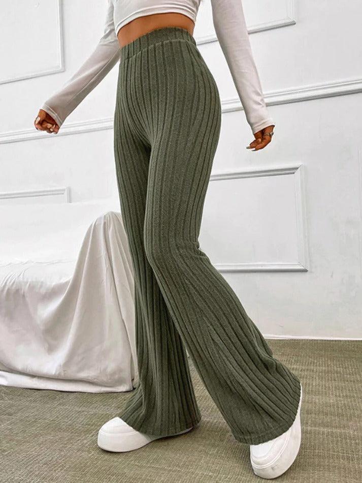 Sonicelife Solid Color Ribbed High Waist Flare Leg Pants