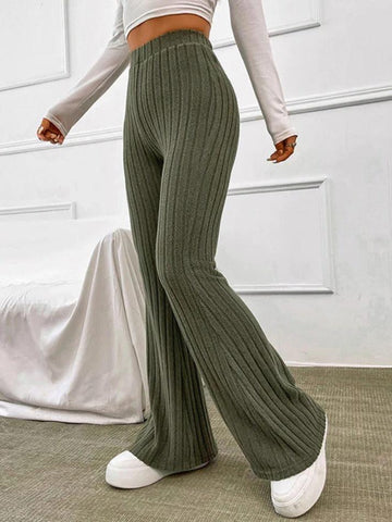 Sonicelife Solid Color Ribbed High Waist Flare Leg Pants