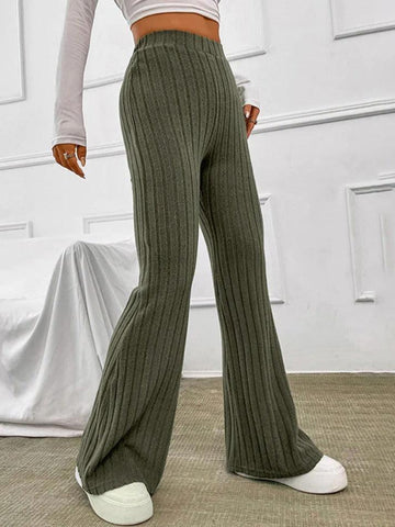 Sonicelife Solid Color Ribbed High Waist Flare Leg Pants