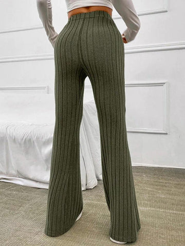 Sonicelife Solid Color Ribbed High Waist Flare Leg Pants