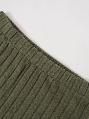 Sonicelife Solid Color Ribbed High Waist Flare Leg Pants