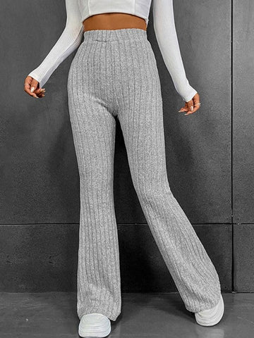 Sonicelife Solid Color Ribbed High Waist Flare Leg Pants