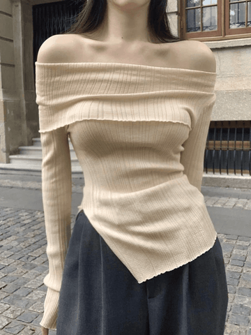 Back To School Sonicelife Split Off Shoulder Ribbed Knit Top