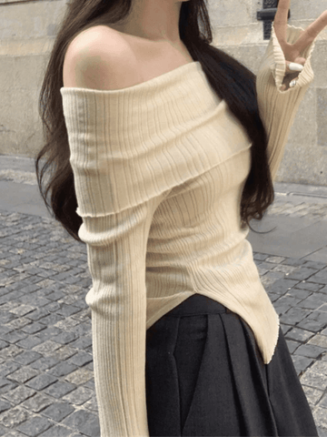 Back To School Sonicelife Split Off Shoulder Ribbed Knit Top