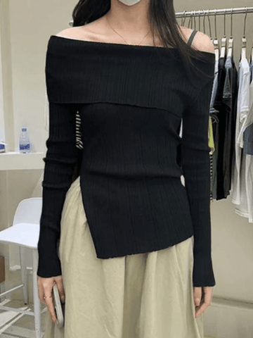 Back To School Sonicelife Split Off Shoulder Ribbed Knit Top