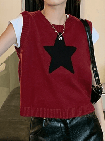 Back To School Sonicelife Star Jacquard Crew Neck Cropped Sweater Vest