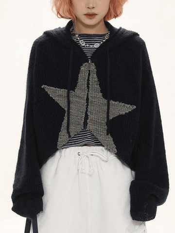 Back To School Sonicelife Star Jacquard Zip Up Hooded Knit Cardigan