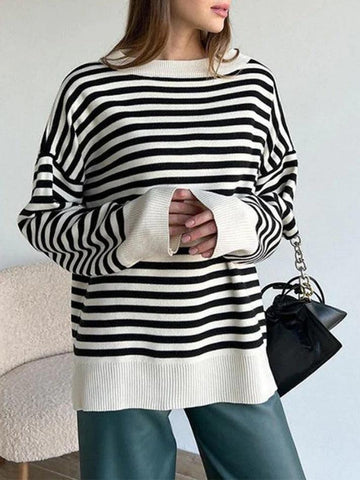 Back To School Sonicelife Stripe Drop Shoulder Slit Loose Sweater