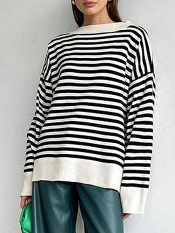 Back To School Sonicelife Stripe Drop Shoulder Slit Loose Sweater