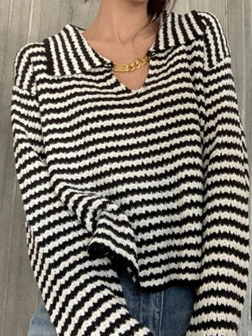 Back To School Sonicelife Stripe Lapel Neck Chain Decor Sweater