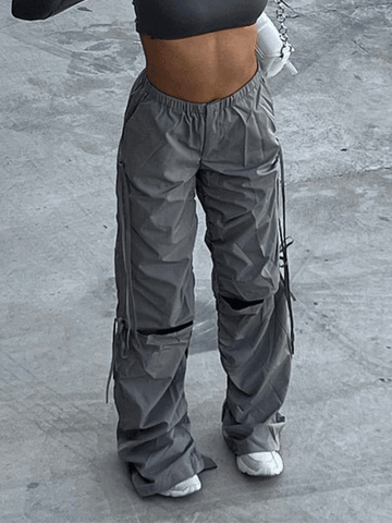 Sonicelife Tie Strap Cutout Parachute Cargo Pants