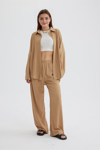 Sonicelife-Two Piece Solid Color Long Sleeve Shirt Long Pants Set