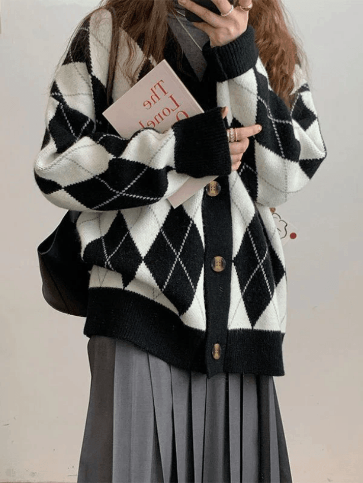 Back To School Sonicelife V Neck Argyle Pattern Knit Cardigan