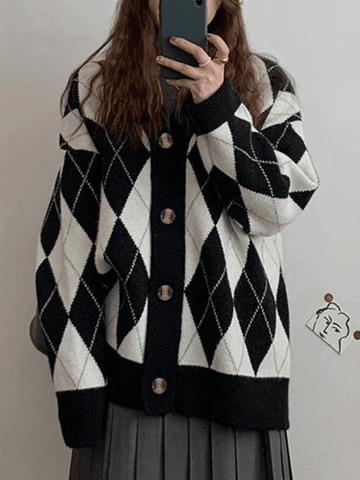 Back To School Sonicelife V Neck Argyle Pattern Knit Cardigan