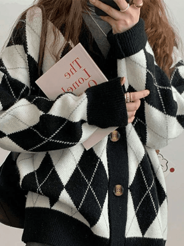 Back To School Sonicelife V Neck Argyle Pattern Knit Cardigan