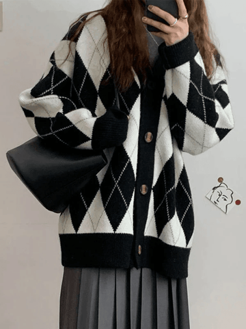 Back To School Sonicelife V Neck Argyle Pattern Knit Cardigan