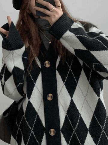 Back To School Sonicelife V Neck Argyle Pattern Knit Cardigan