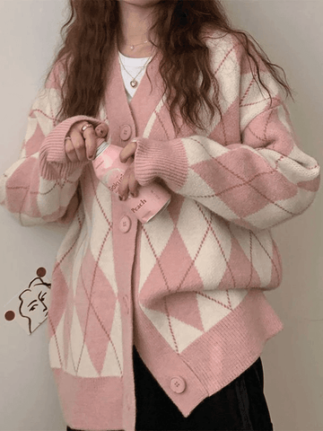 Back To School Sonicelife V Neck Argyle Pattern Knit Cardigan