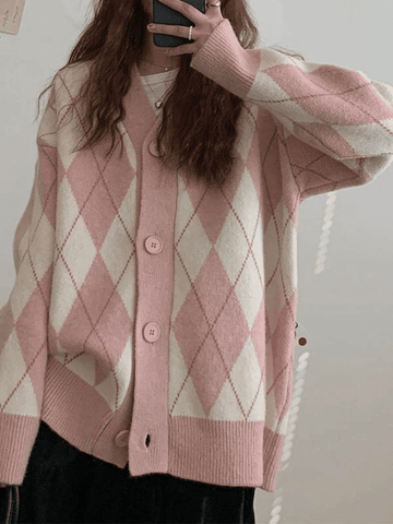 Back To School Sonicelife V Neck Argyle Pattern Knit Cardigan