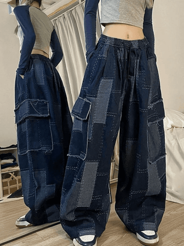 Sonicelife Vintage Blue Checkered Baggy Cargo Jeans