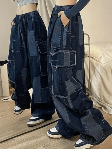 Sonicelife Vintage Blue Checkered Baggy Cargo Jeans