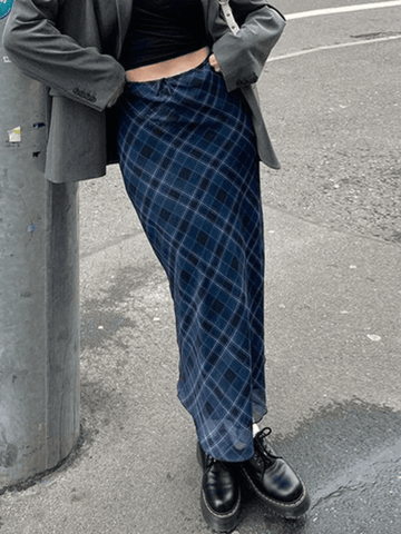 Sonicelife-Vintage Checkered Maxi Skirt