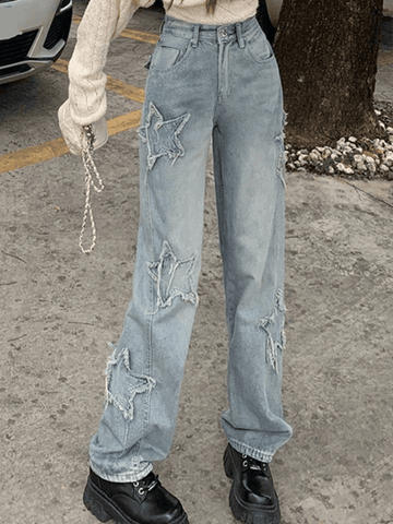 Sonicelife Vintage Distressed Star Patch Boyfriend Jeans