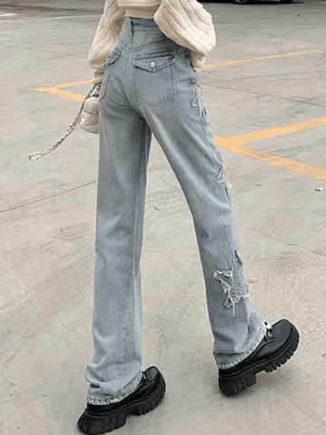 Sonicelife Vintage Distressed Star Patch Boyfriend Jeans