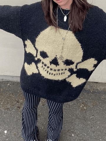 Back To School Sonicelife Vintage Skull Jacquard Pullover Sweater